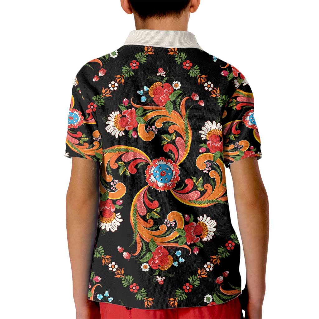 Norwegian Male Bunad Kid Polo Shirt with Rosemaling Folk Art Black Color - Wonder Print Shop