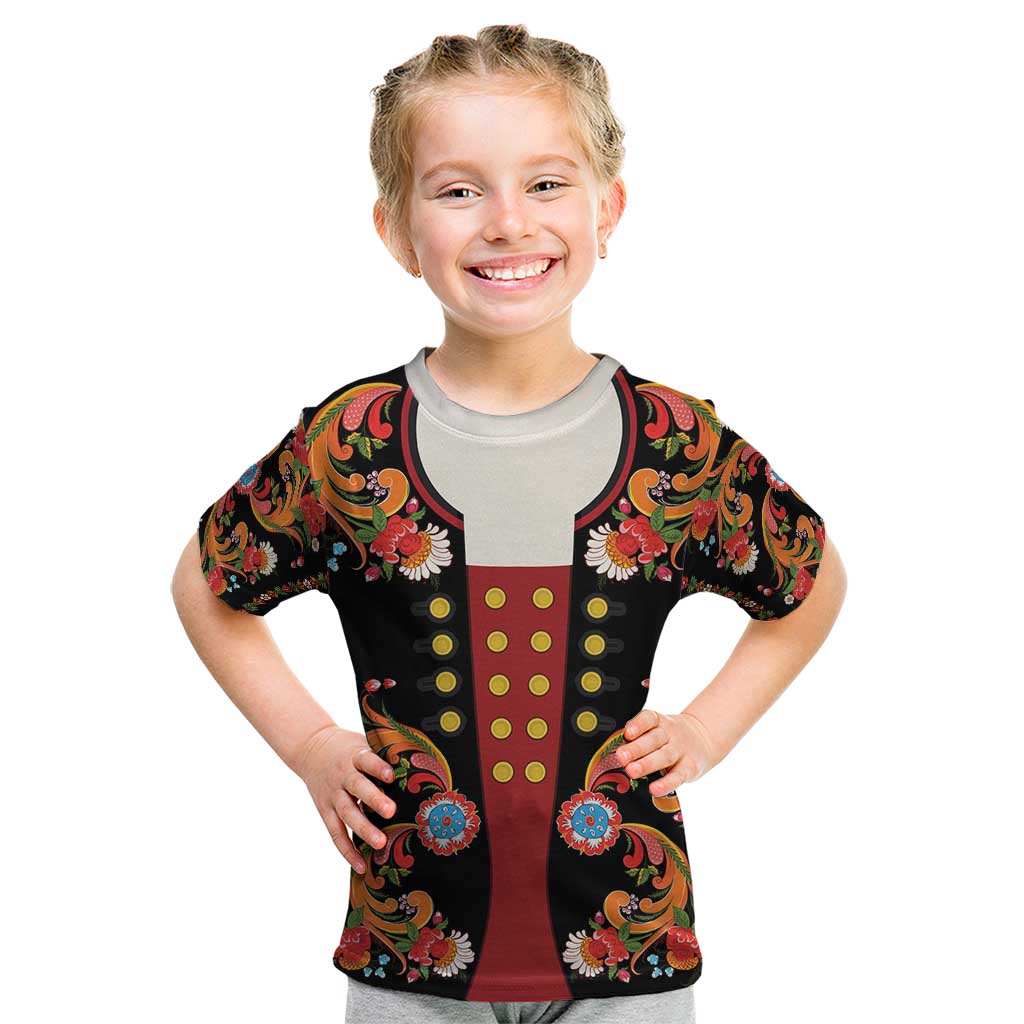 Norwegian Male Bunad Kid T Shirt with Rosemaling Folk Art Black Color - Wonder Print Shop