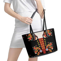 Norwegian Male Bunad Leather Tote Bag with Rosemaling Folk Art Black Color - Wonder Print Shop