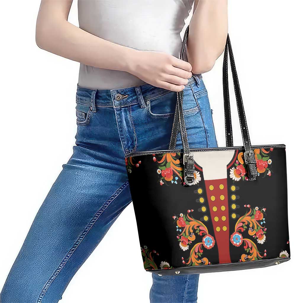 Norwegian Male Bunad Leather Tote Bag with Rosemaling Folk Art Black Color - Wonder Print Shop
