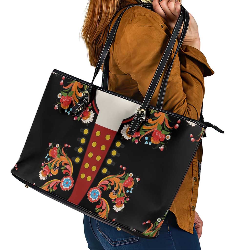 Norwegian Male Bunad Leather Tote Bag with Rosemaling Folk Art Black Color - Wonder Print Shop