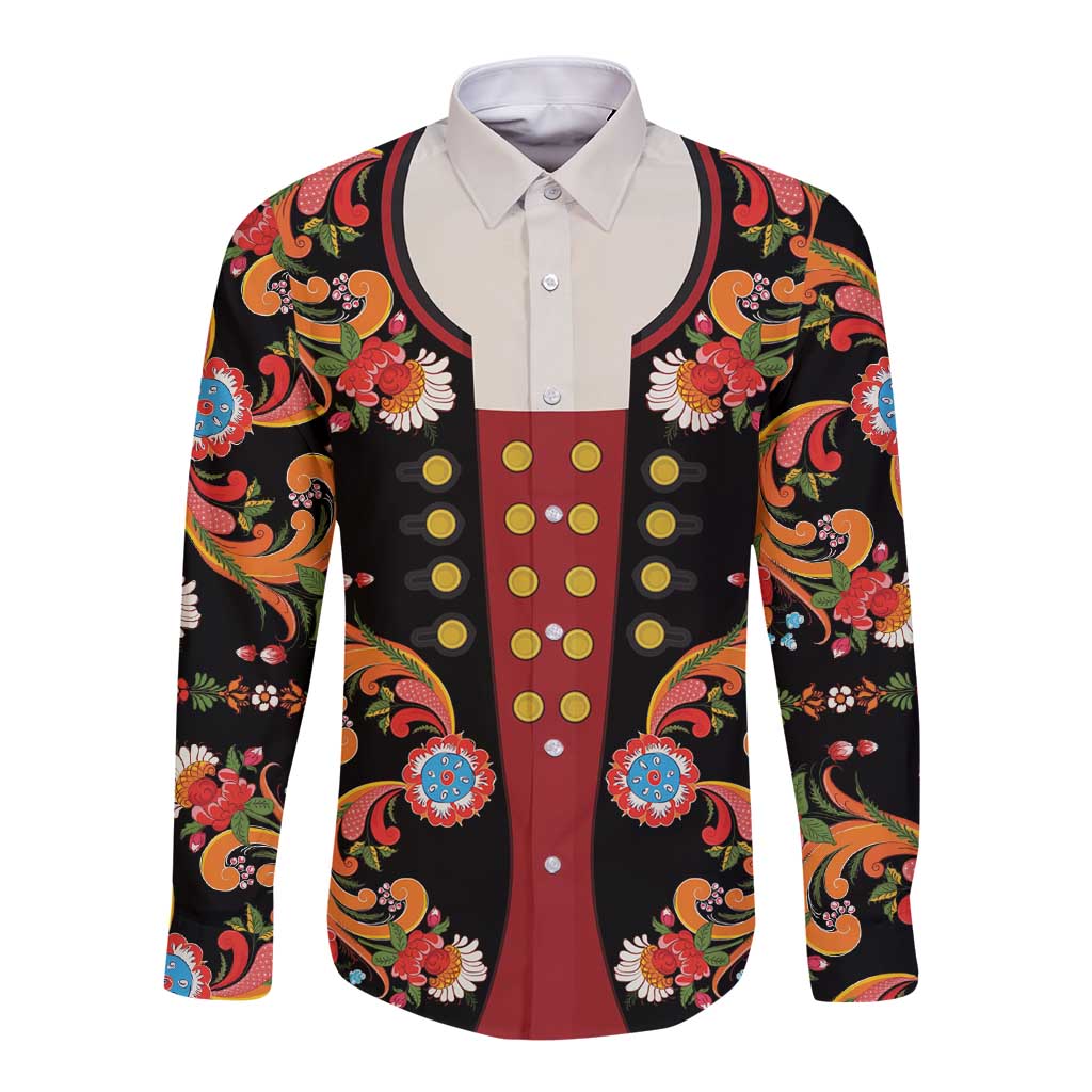 Norwegian Male Bunad Long Sleeve Button Shirt with Rosemaling Folk Art Black Color - Wonder Print Shop