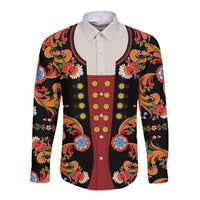 Norwegian Male Bunad Long Sleeve Button Shirt with Rosemaling Folk Art Black Color - Wonder Print Shop