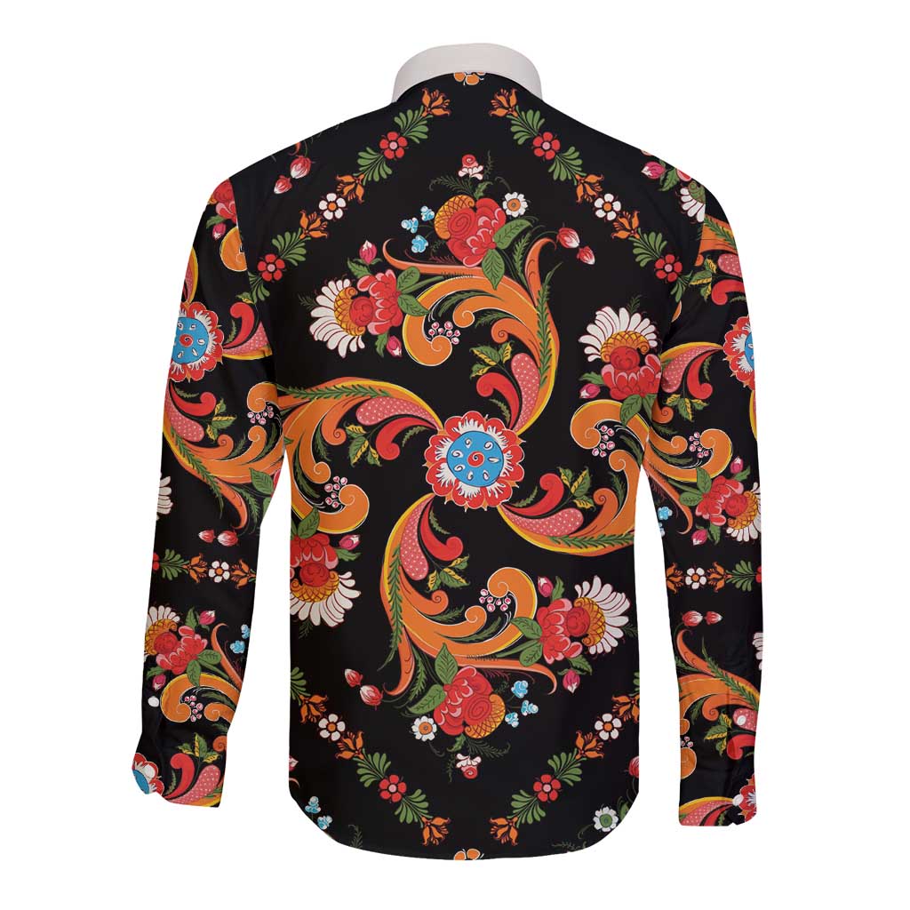 Norwegian Male Bunad Long Sleeve Button Shirt with Rosemaling Folk Art Black Color - Wonder Print Shop