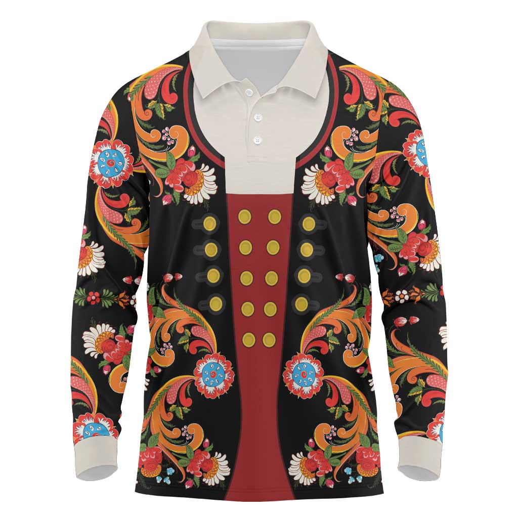 Norwegian Male Bunad Long Sleeve Polo Shirt with Rosemaling Folk Art Black Color - Wonder Print Shop