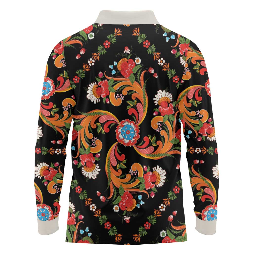 Norwegian Male Bunad Long Sleeve Polo Shirt with Rosemaling Folk Art Black Color - Wonder Print Shop