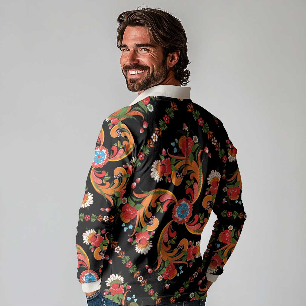 Norwegian Male Bunad Long Sleeve Polo Shirt with Rosemaling Folk Art Black Color - Wonder Print Shop
