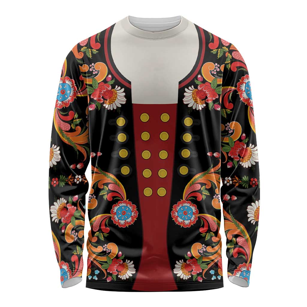 Norwegian Male Bunad Long Sleeve Shirt with Rosemaling Folk Art Black Color - Wonder Print Shop