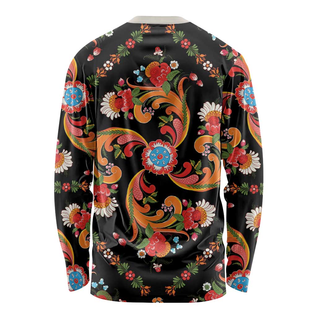 Norwegian Male Bunad Long Sleeve Shirt with Rosemaling Folk Art Black Color - Wonder Print Shop