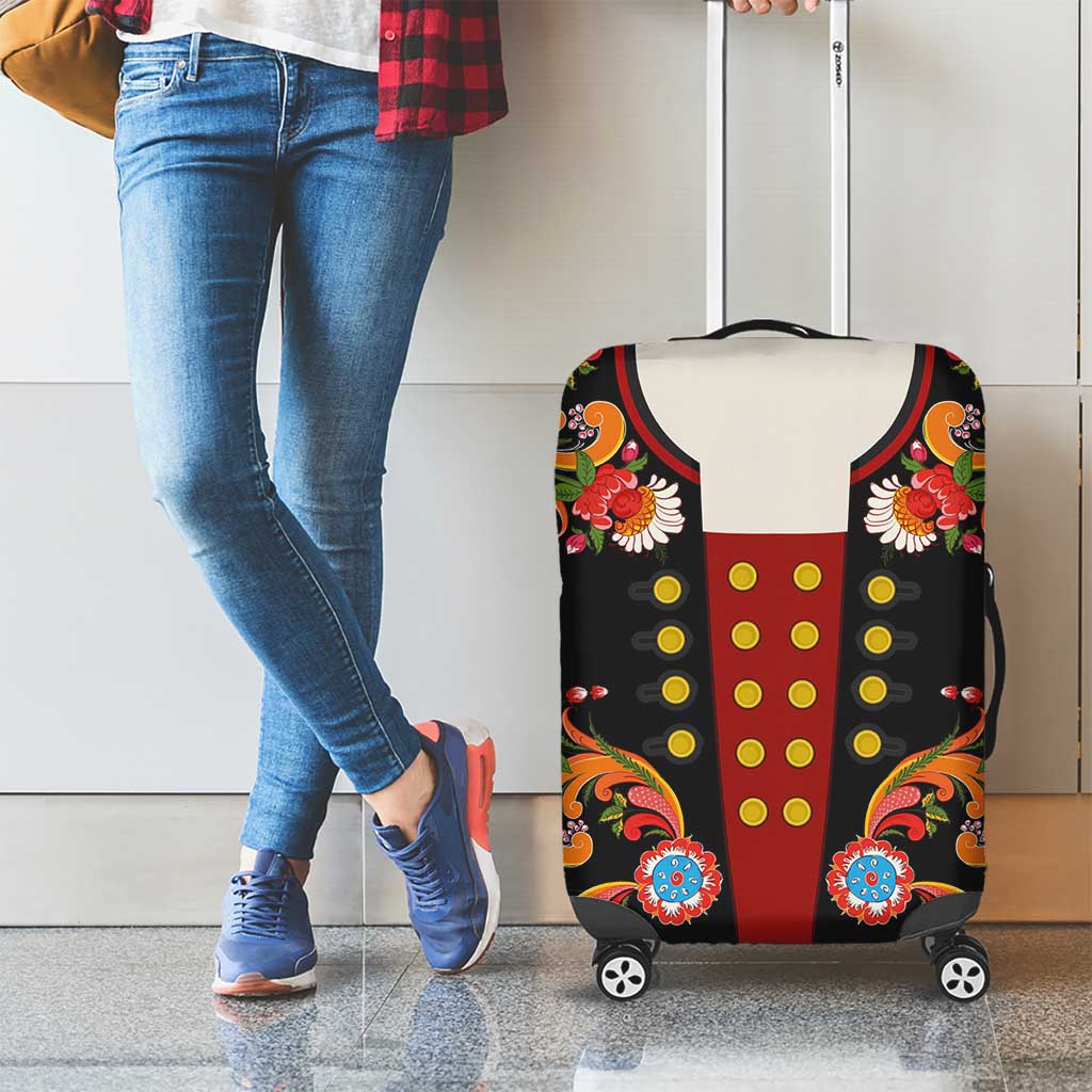 Norwegian Male Bunad Luggage Cover with Rosemaling Folk Art Black Color - Wonder Print Shop