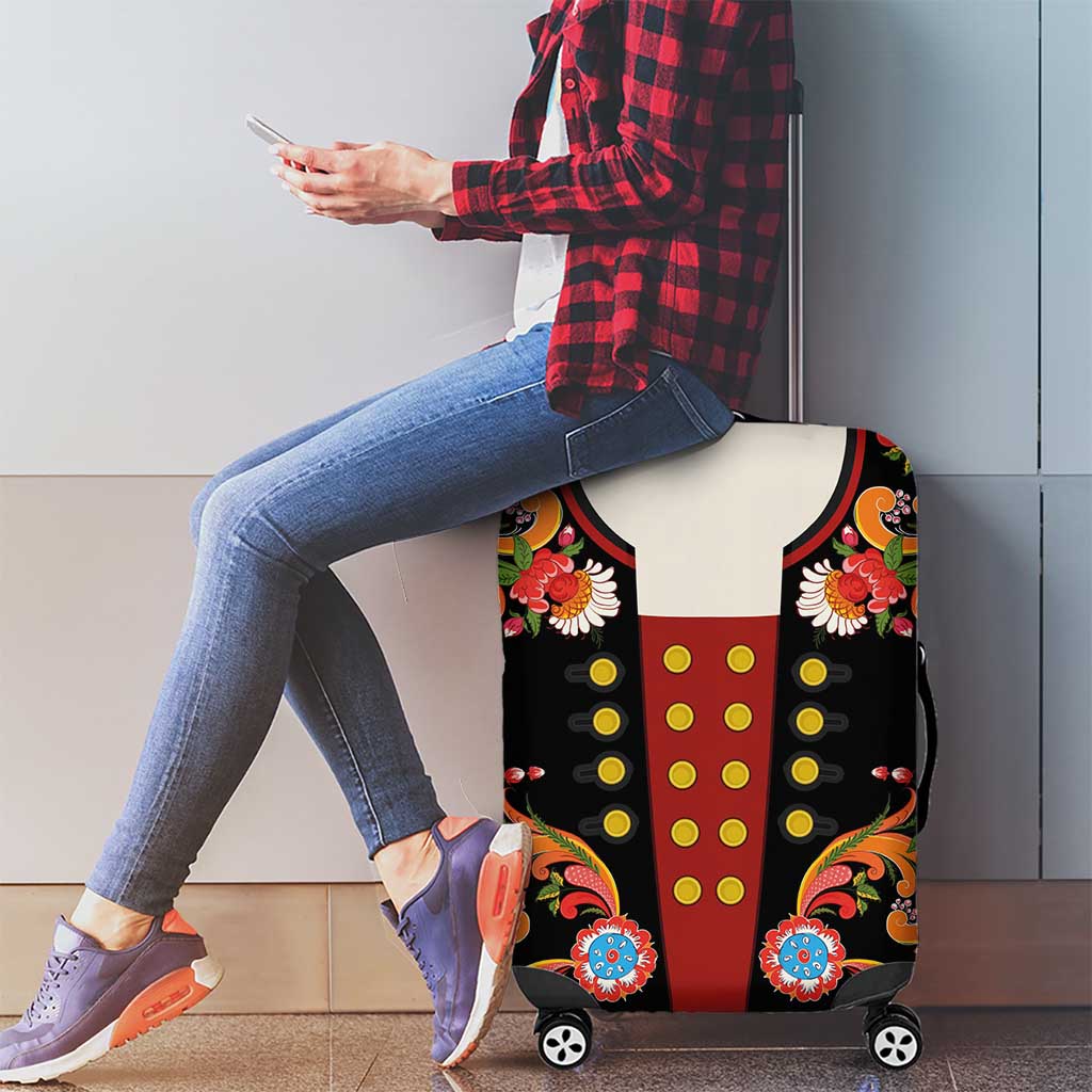 Norwegian Male Bunad Luggage Cover with Rosemaling Folk Art Black Color - Wonder Print Shop