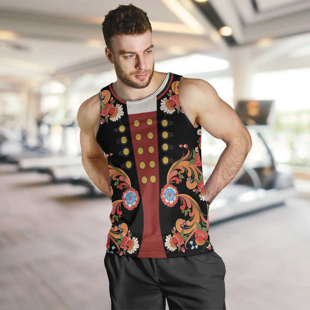 Norwegian Male Bunad Men Tank Top with Rosemaling Folk Art Black Color - Wonder Print Shop