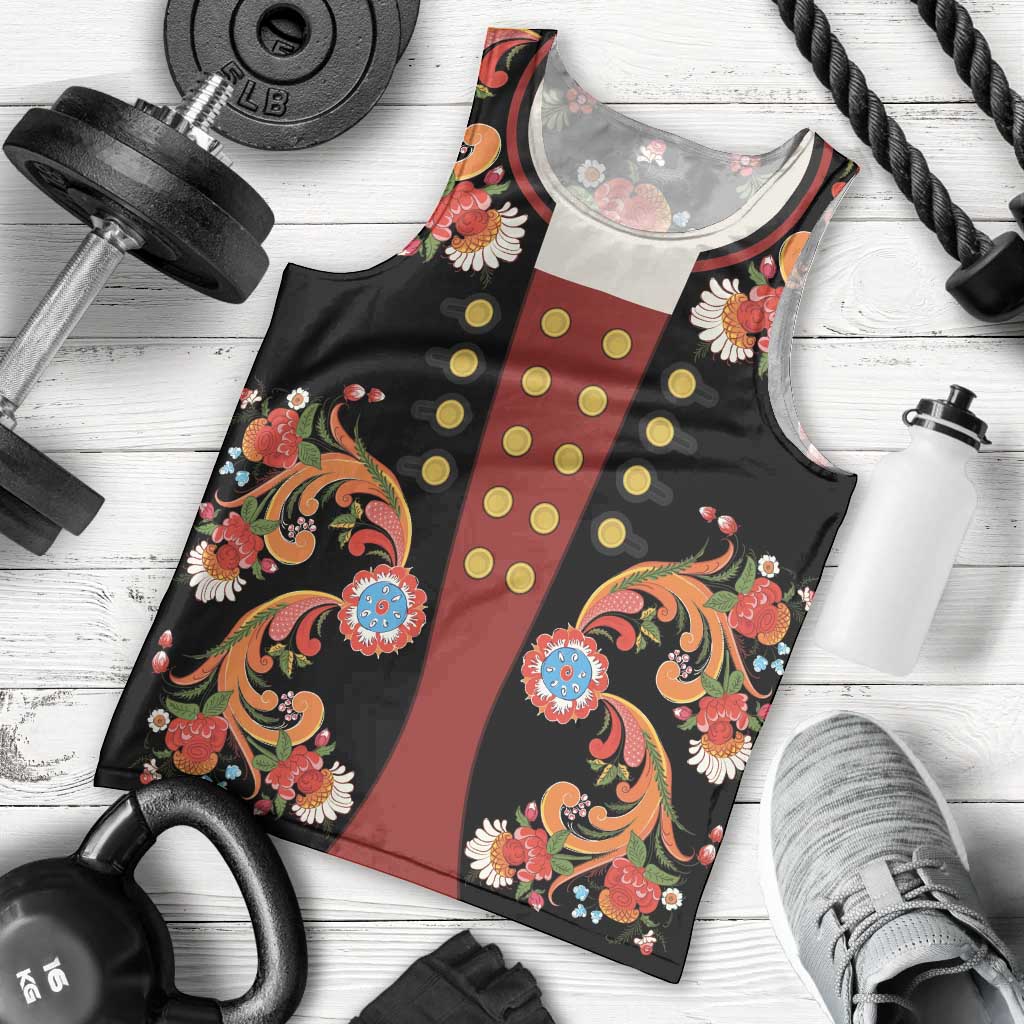 Norwegian Male Bunad Men Tank Top with Rosemaling Folk Art Black Color - Wonder Print Shop