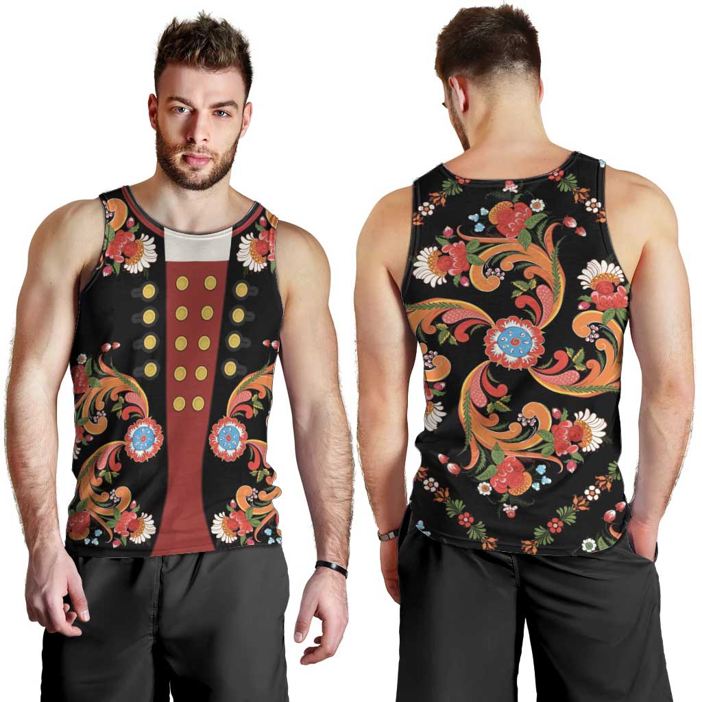 Norwegian Male Bunad Men Tank Top with Rosemaling Folk Art Black Color - Wonder Print Shop