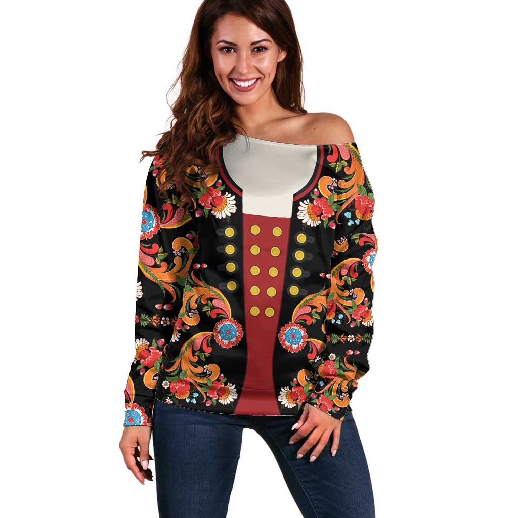 Norwegian Male Bunad Off Shoulder Sweater with Rosemaling Folk Art Black Color - Wonder Print Shop