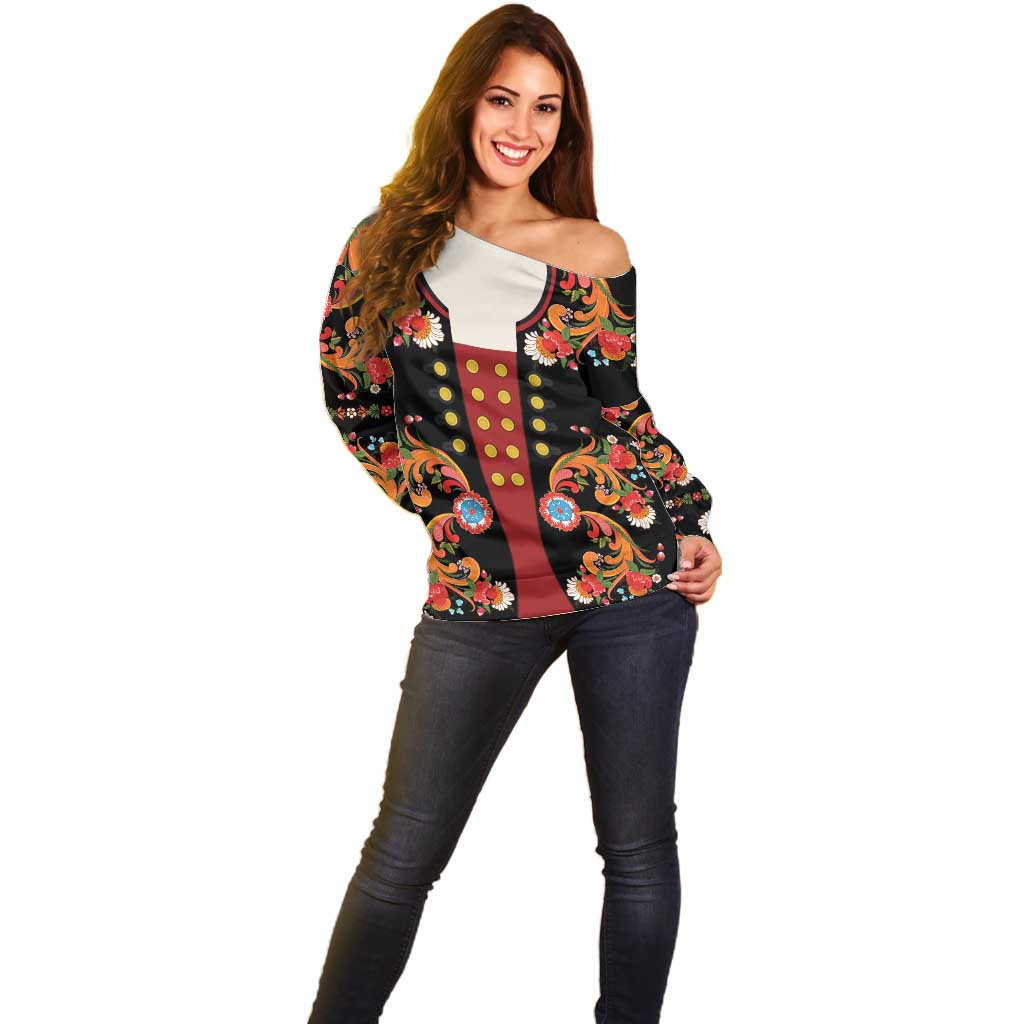 Norwegian Male Bunad Off Shoulder Sweater with Rosemaling Folk Art Black Color - Wonder Print Shop