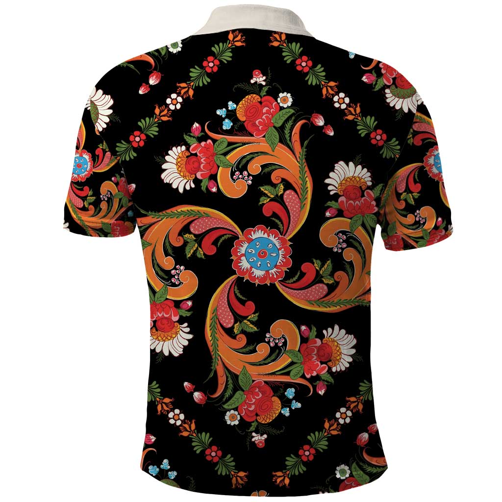 Norwegian Male Bunad Polo Shirt with Rosemaling Folk Art Black Color - Wonder Print Shop