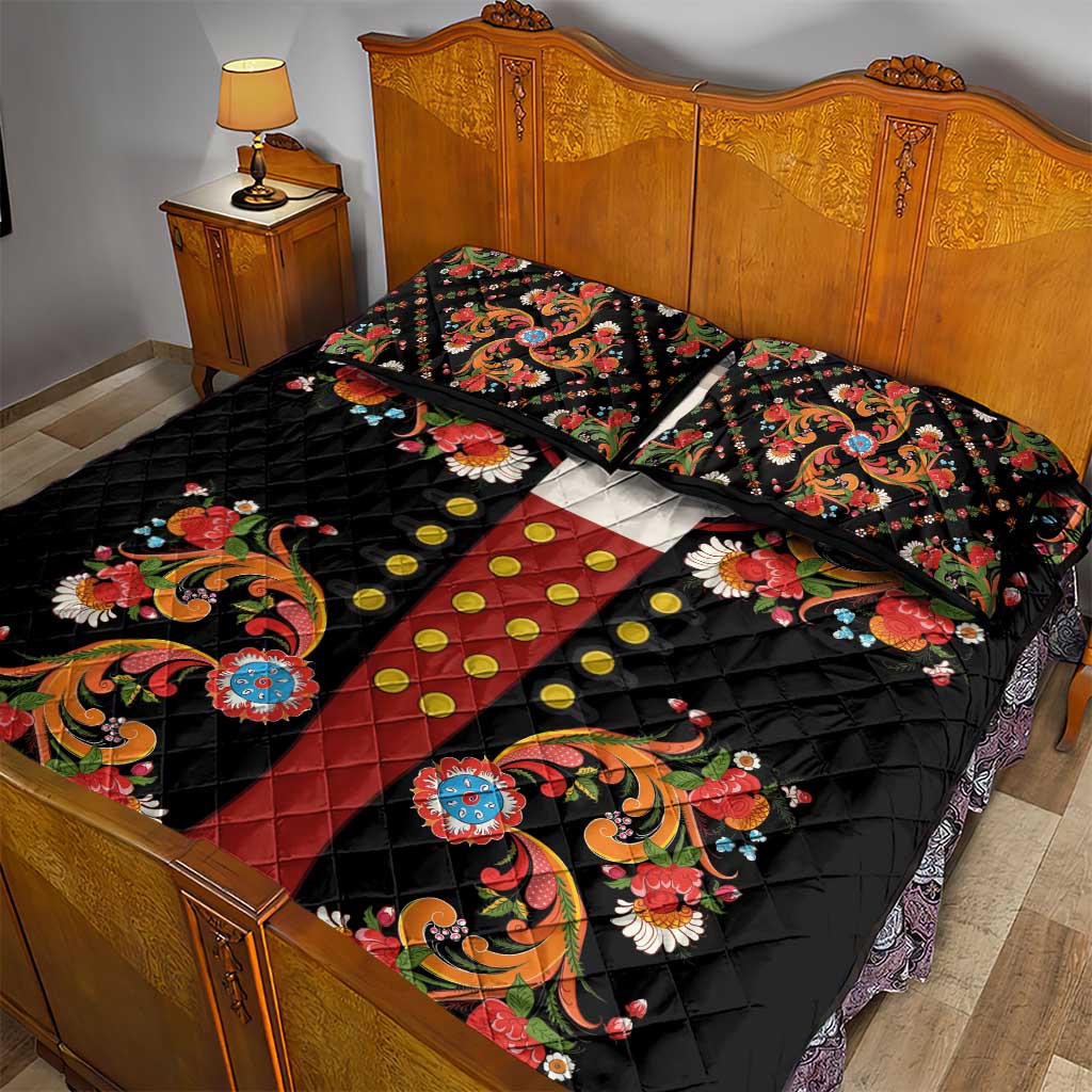 Norwegian Male Bunad Quilt Bed Set with Rosemaling Folk Art Black Color - Wonder Print Shop