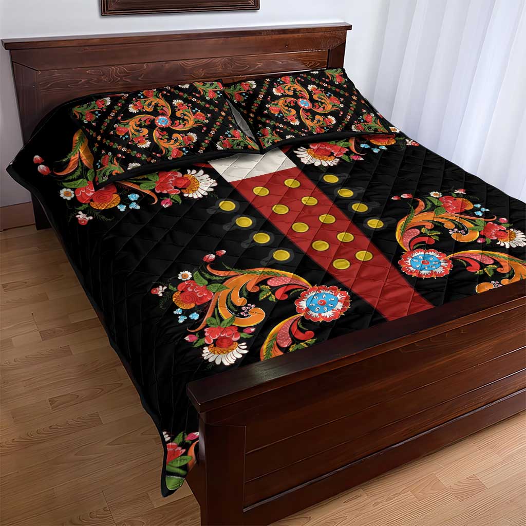Norwegian Male Bunad Quilt Bed Set with Rosemaling Folk Art Black Color - Wonder Print Shop