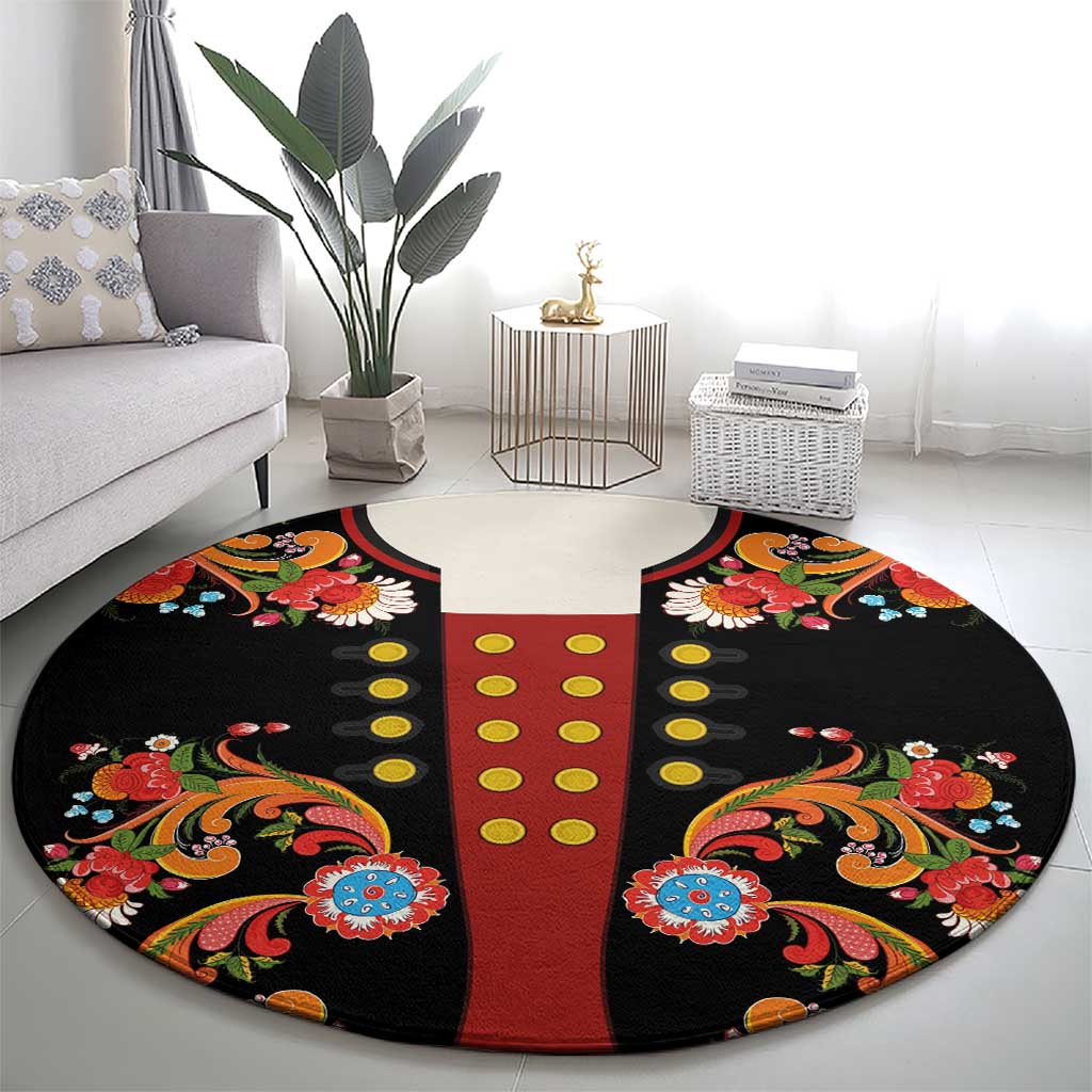 Norwegian Male Bunad Round Carpet with Rosemaling Folk Art Black Color - Wonder Print Shop