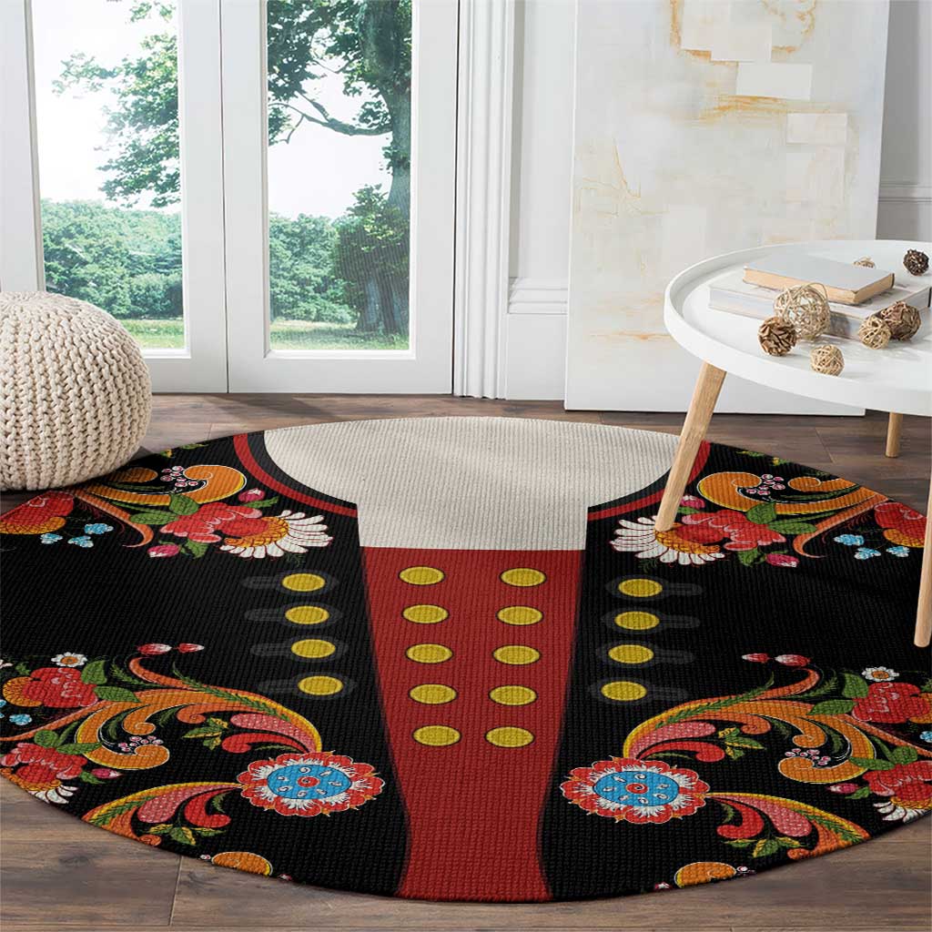 Norwegian Male Bunad Round Carpet with Rosemaling Folk Art Black Color - Wonder Print Shop