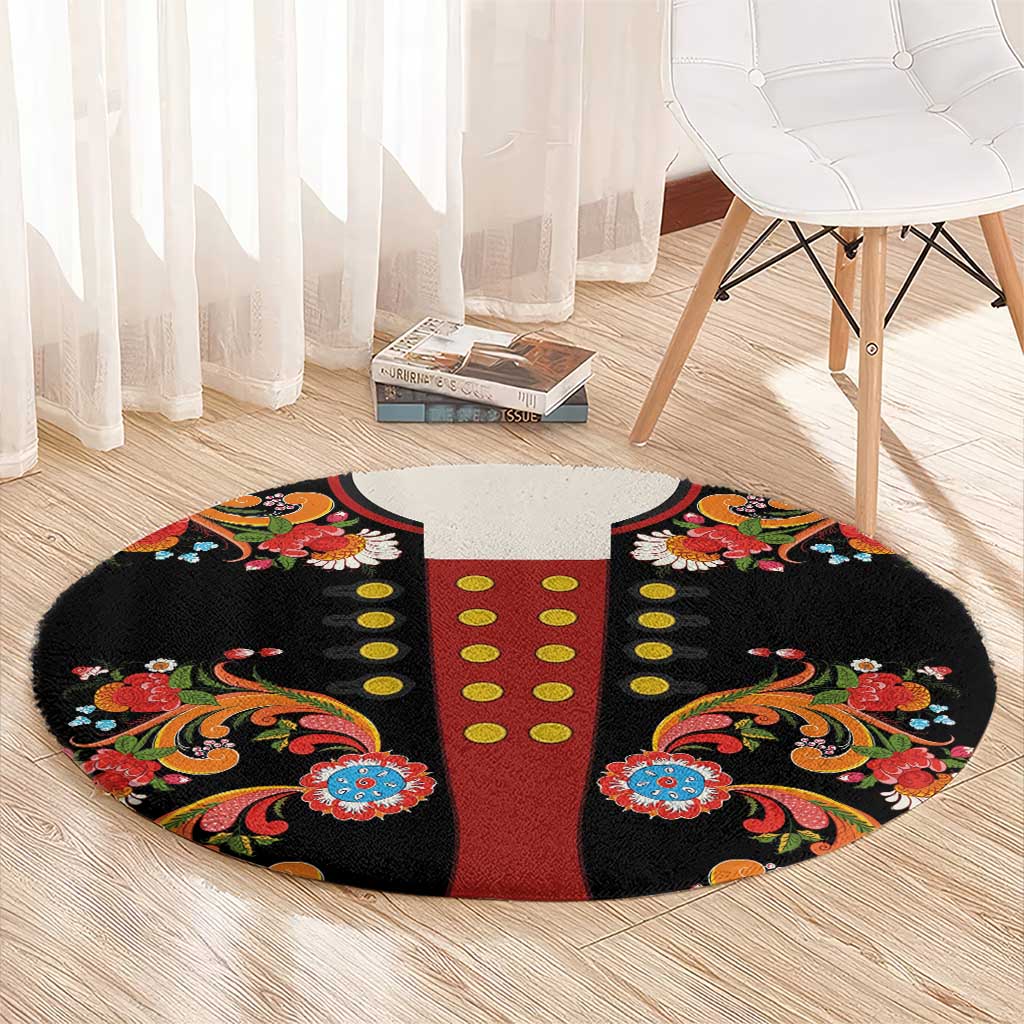 Norwegian Male Bunad Round Carpet with Rosemaling Folk Art Black Color - Wonder Print Shop