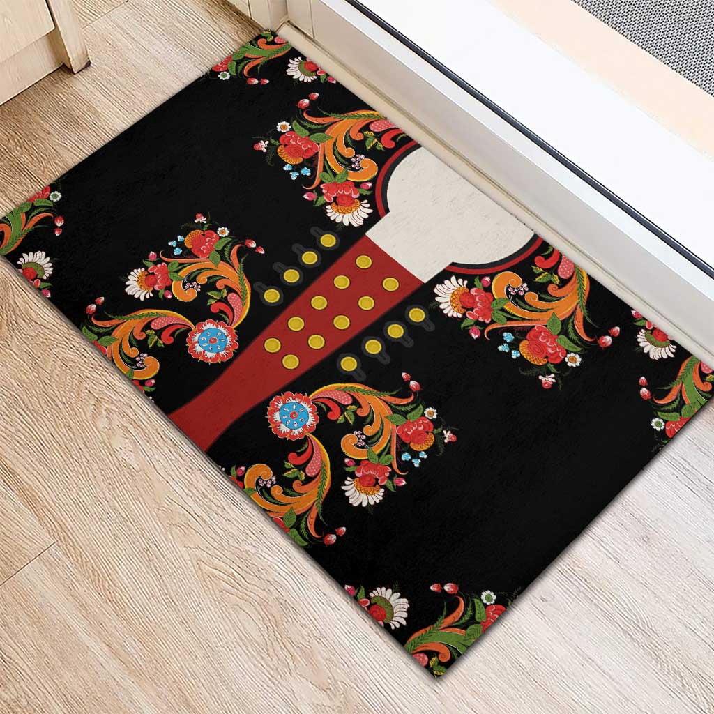 Norwegian Male Bunad Rubber Doormat with Rosemaling Folk Art Black Color - Wonder Print Shop