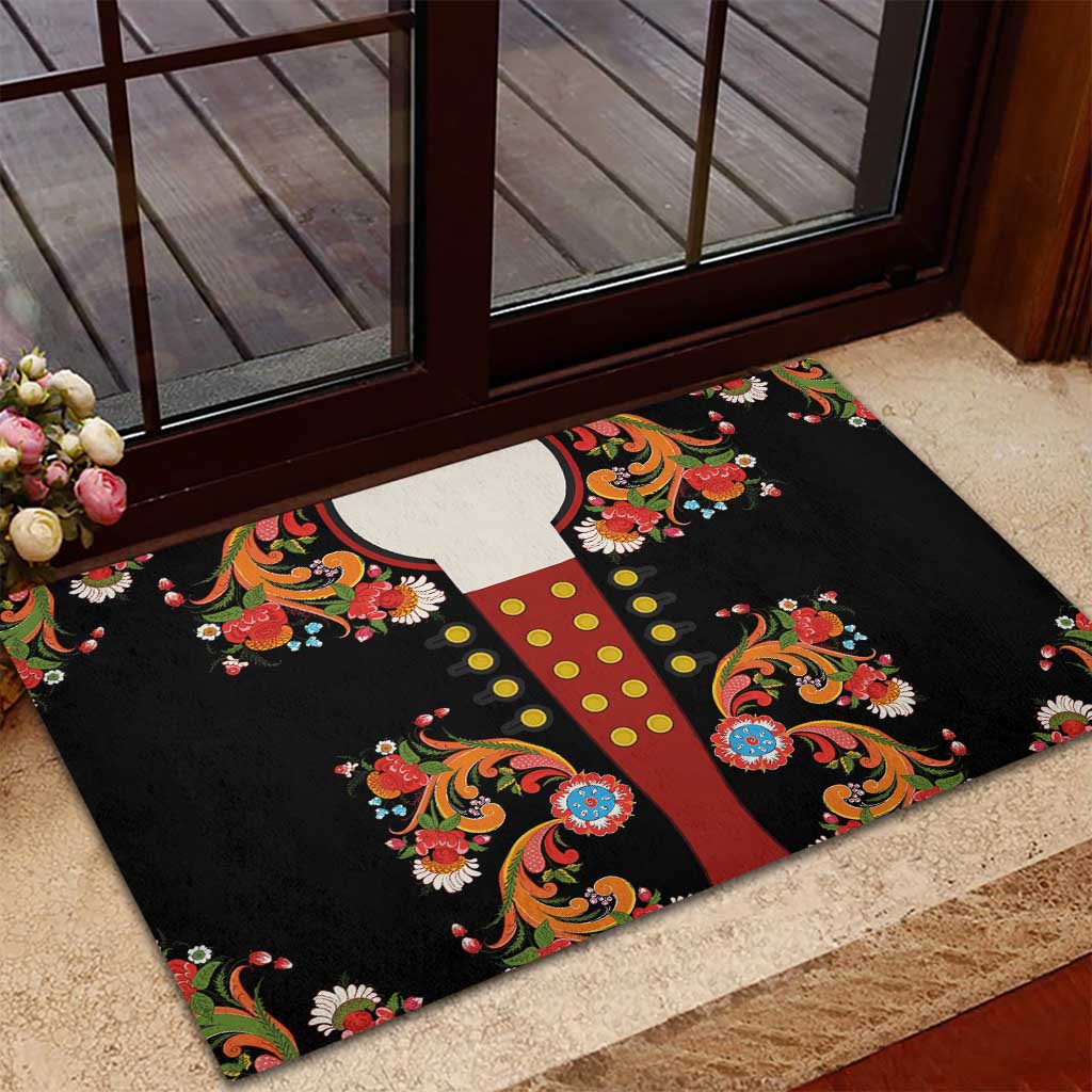 Norwegian Male Bunad Rubber Doormat with Rosemaling Folk Art Black Color - Wonder Print Shop