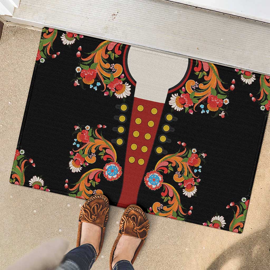 Norwegian Male Bunad Rubber Doormat with Rosemaling Folk Art Black Color - Wonder Print Shop