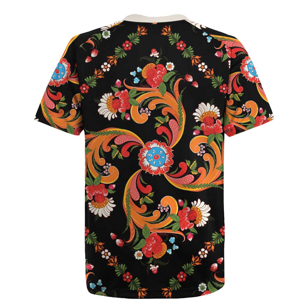 Norwegian Male Bunad Rugby Jersey with Rosemaling Folk Art Black Color - Wonder Print Shop
