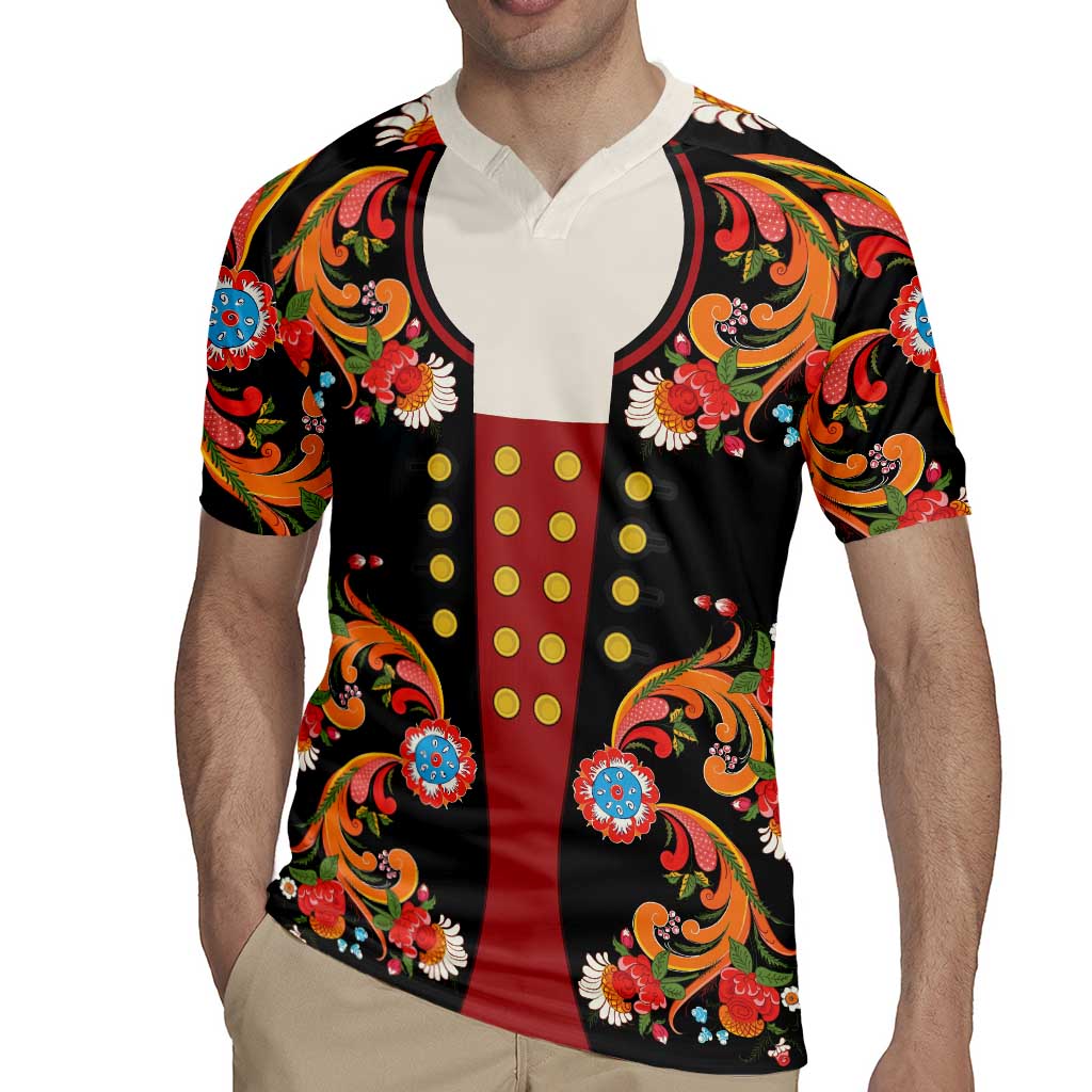 Norwegian Male Bunad Rugby Jersey with Rosemaling Folk Art Black Color - Wonder Print Shop