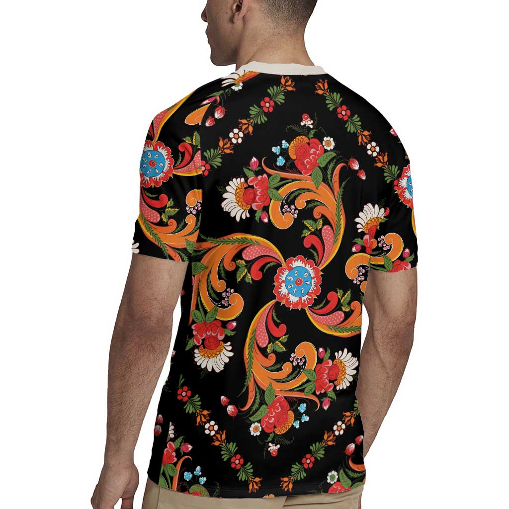 Norwegian Male Bunad Rugby Jersey with Rosemaling Folk Art Black Color - Wonder Print Shop