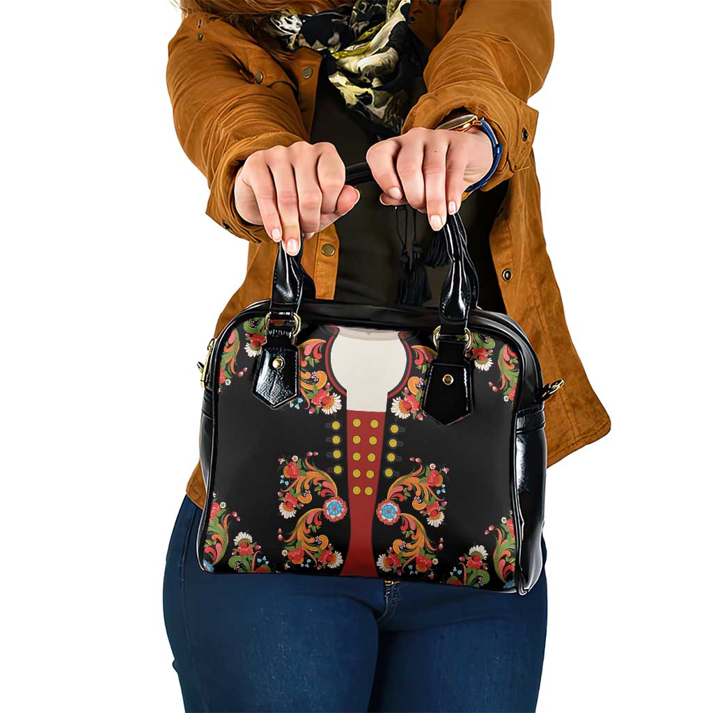 Norwegian Male Bunad Shoulder Handbag with Rosemaling Folk Art Black Color - Wonder Print Shop