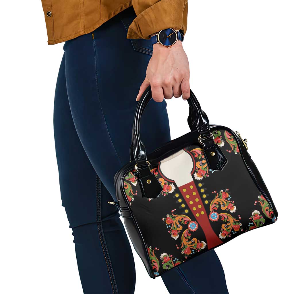 Norwegian Male Bunad Shoulder Handbag with Rosemaling Folk Art Black Color - Wonder Print Shop
