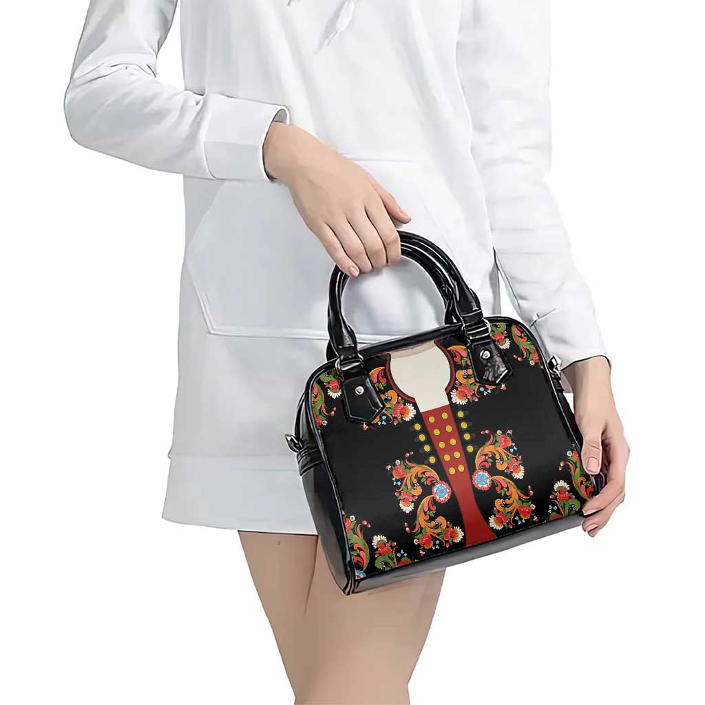 Norwegian Male Bunad Shoulder Handbag with Rosemaling Folk Art Black Color - Wonder Print Shop