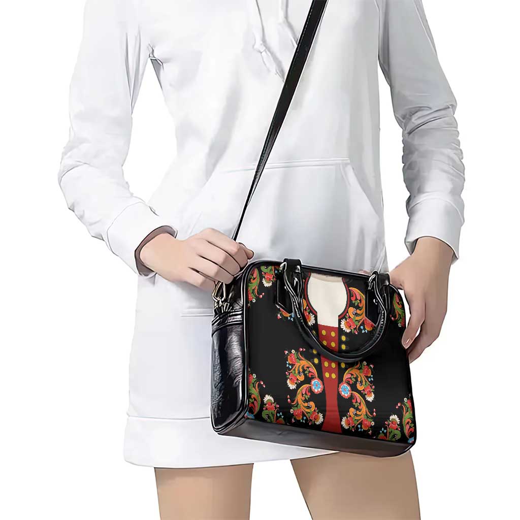 Norwegian Male Bunad Shoulder Handbag with Rosemaling Folk Art Black Color - Wonder Print Shop