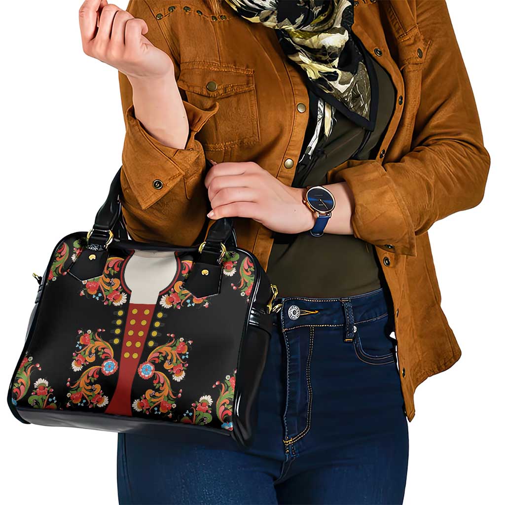 Norwegian Male Bunad Shoulder Handbag with Rosemaling Folk Art Black Color - Wonder Print Shop