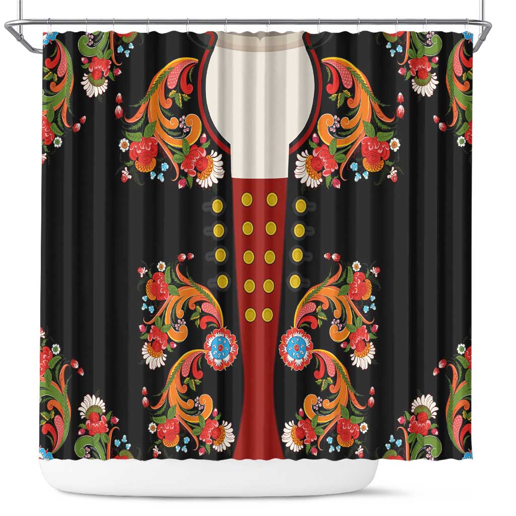 Norwegian Male Bunad Shower Curtain with Rosemaling Folk Art Black Color - Wonder Print Shop