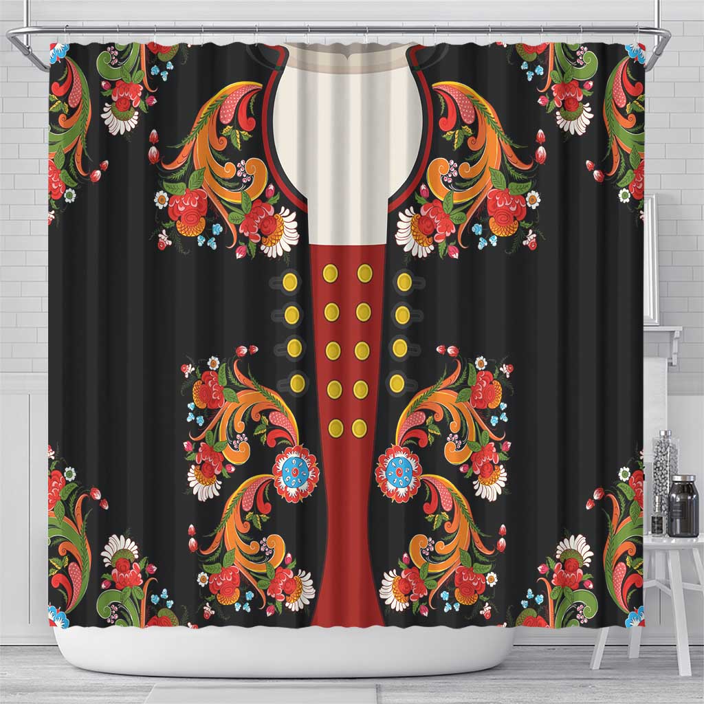 Norwegian Male Bunad Shower Curtain with Rosemaling Folk Art Black Color - Wonder Print Shop