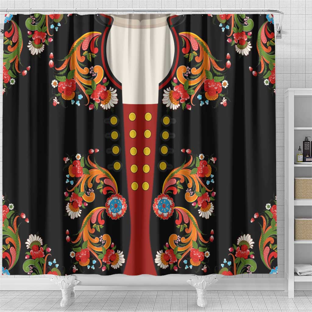 Norwegian Male Bunad Shower Curtain with Rosemaling Folk Art Black Color - Wonder Print Shop