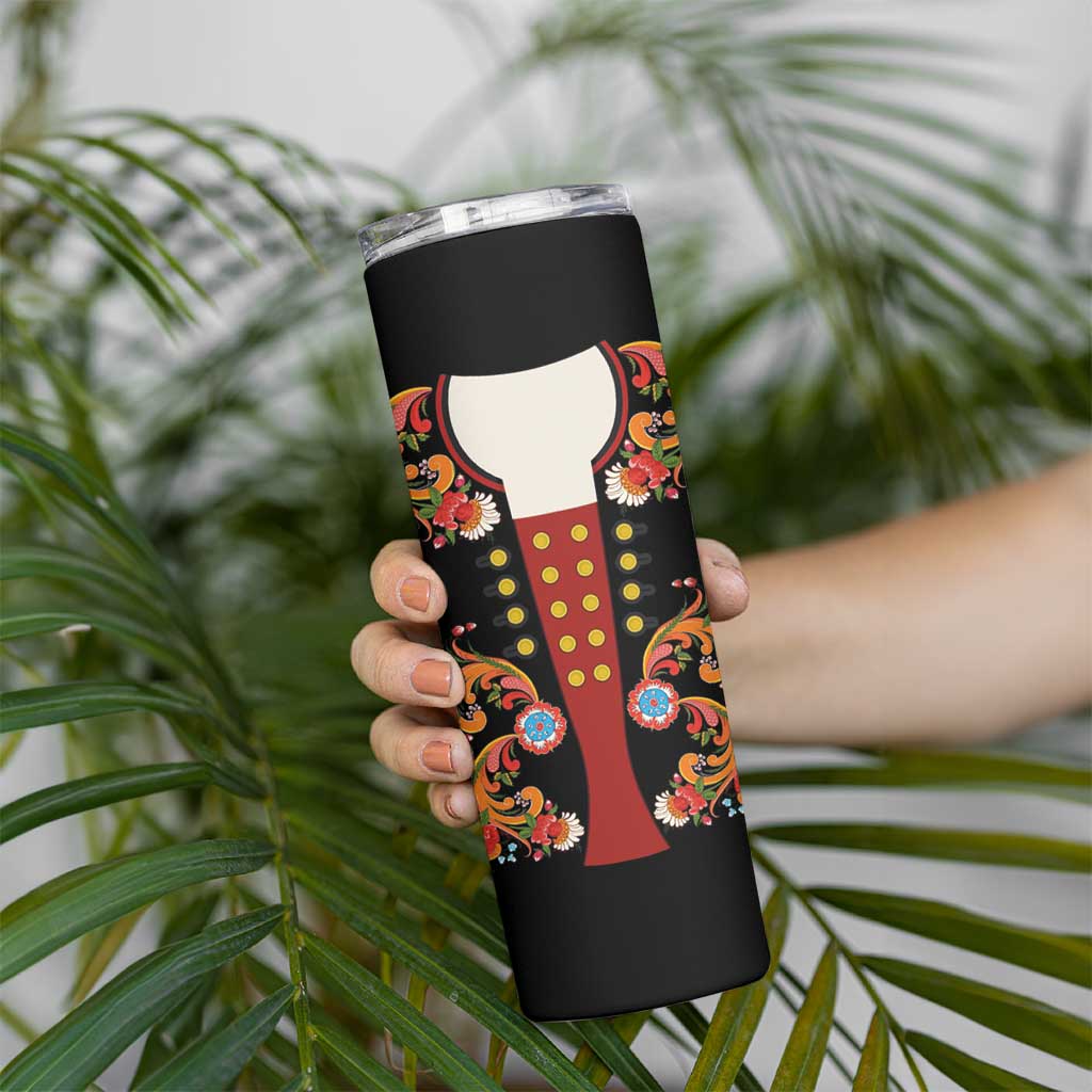 Norwegian Male Bunad Skinny Tumbler with Rosemaling Folk Art Black Color - Wonder Print Shop
