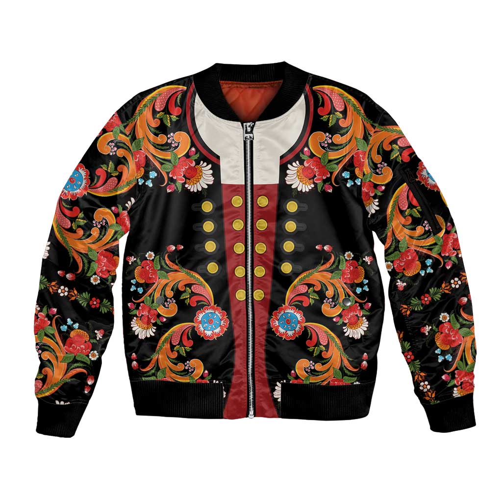 Norwegian Male Bunad Sleeve Zip Bomber Jacket with Rosemaling Folk Art Black Color - Wonder Print Shop