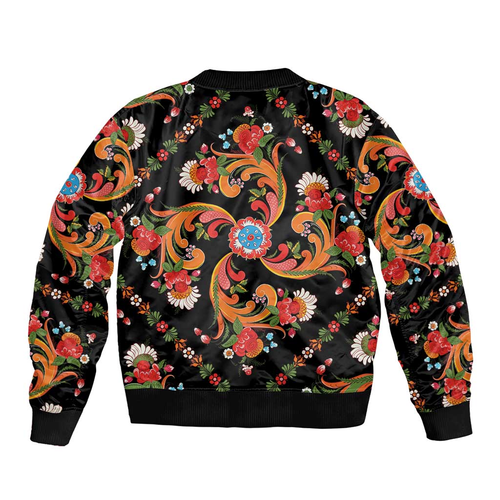 Norwegian Male Bunad Sleeve Zip Bomber Jacket with Rosemaling Folk Art Black Color - Wonder Print Shop