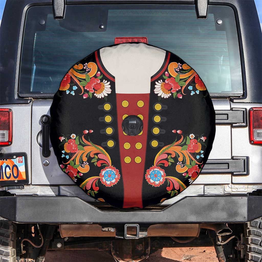 Norwegian Male Bunad Spare Tire Cover with Rosemaling Folk Art Black Color - Wonder Print Shop