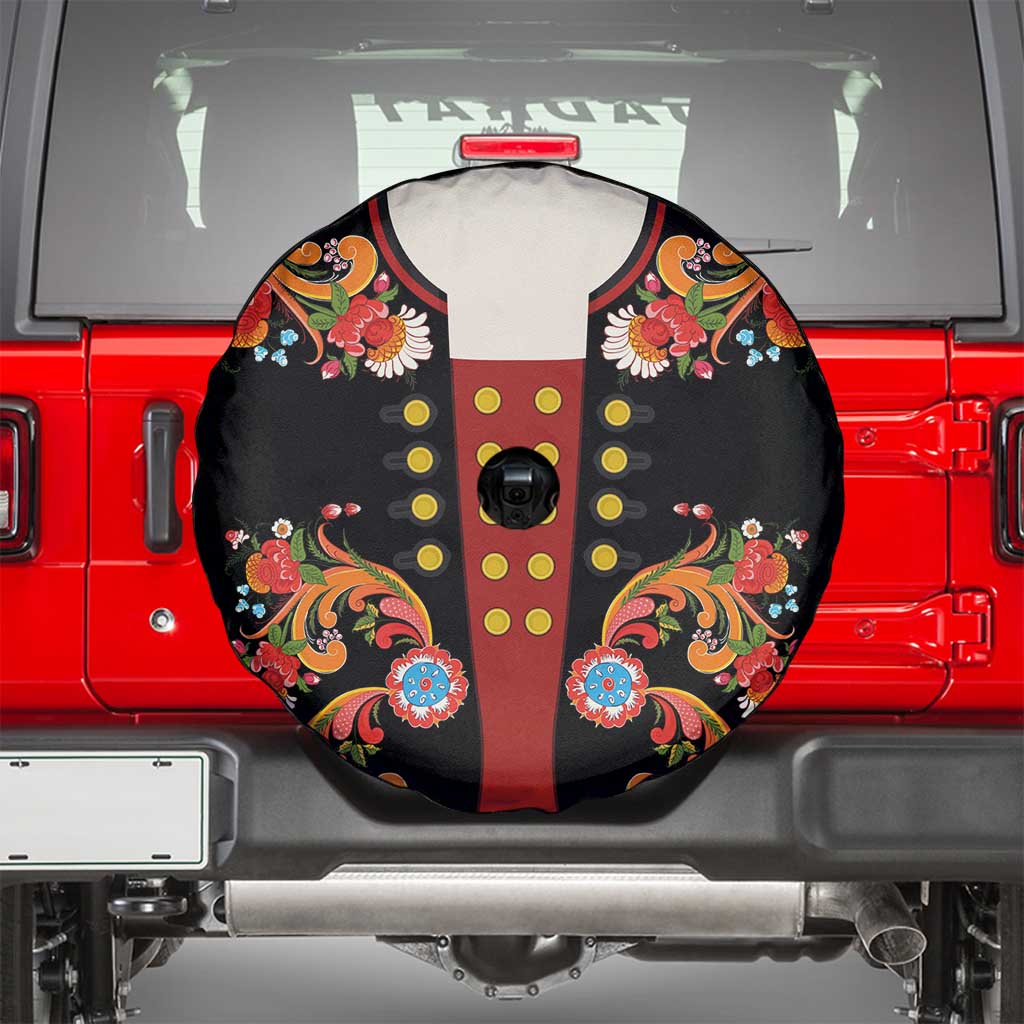 Norwegian Male Bunad Spare Tire Cover with Rosemaling Folk Art Black Color - Wonder Print Shop