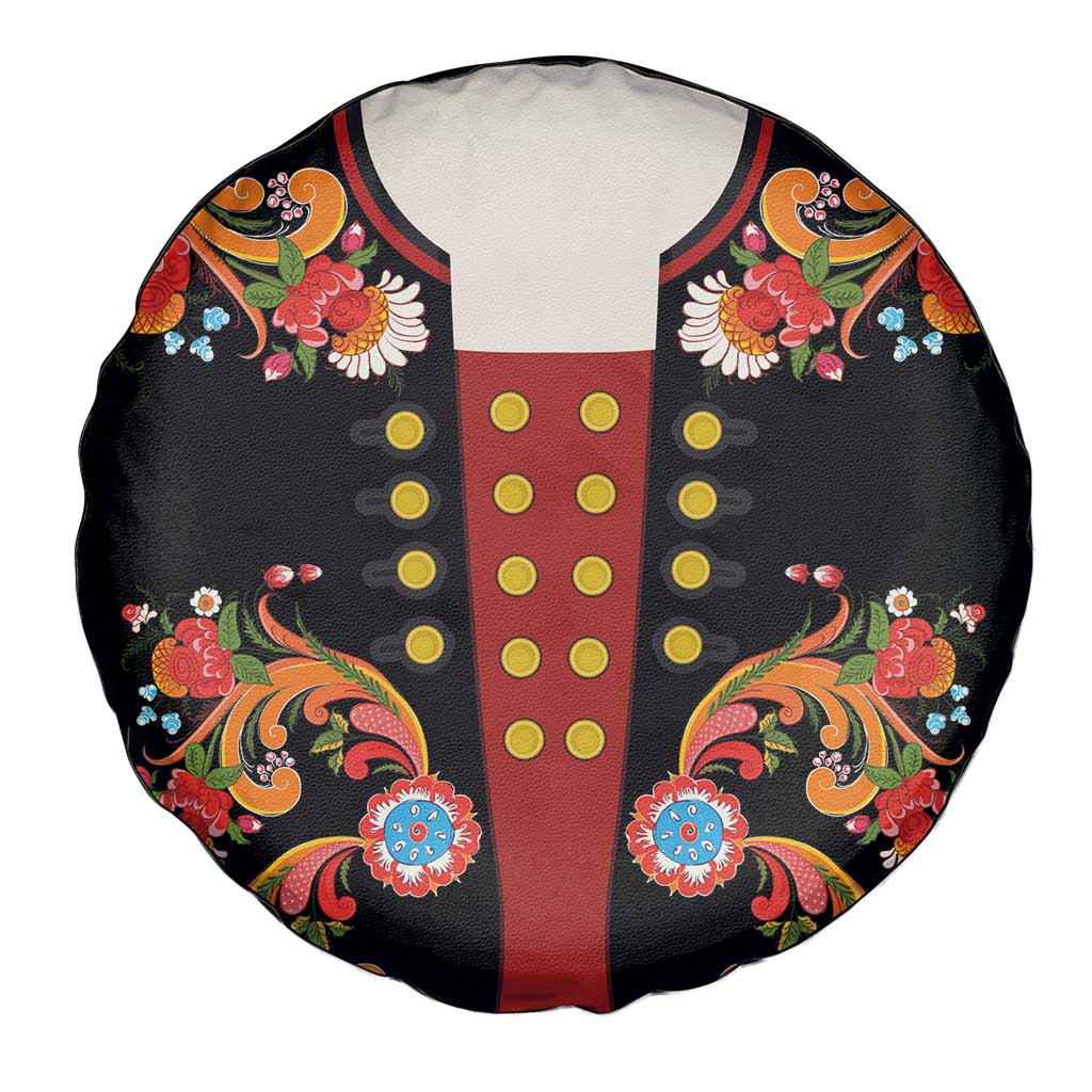 Norwegian Male Bunad Spare Tire Cover with Rosemaling Folk Art Black Color - Wonder Print Shop