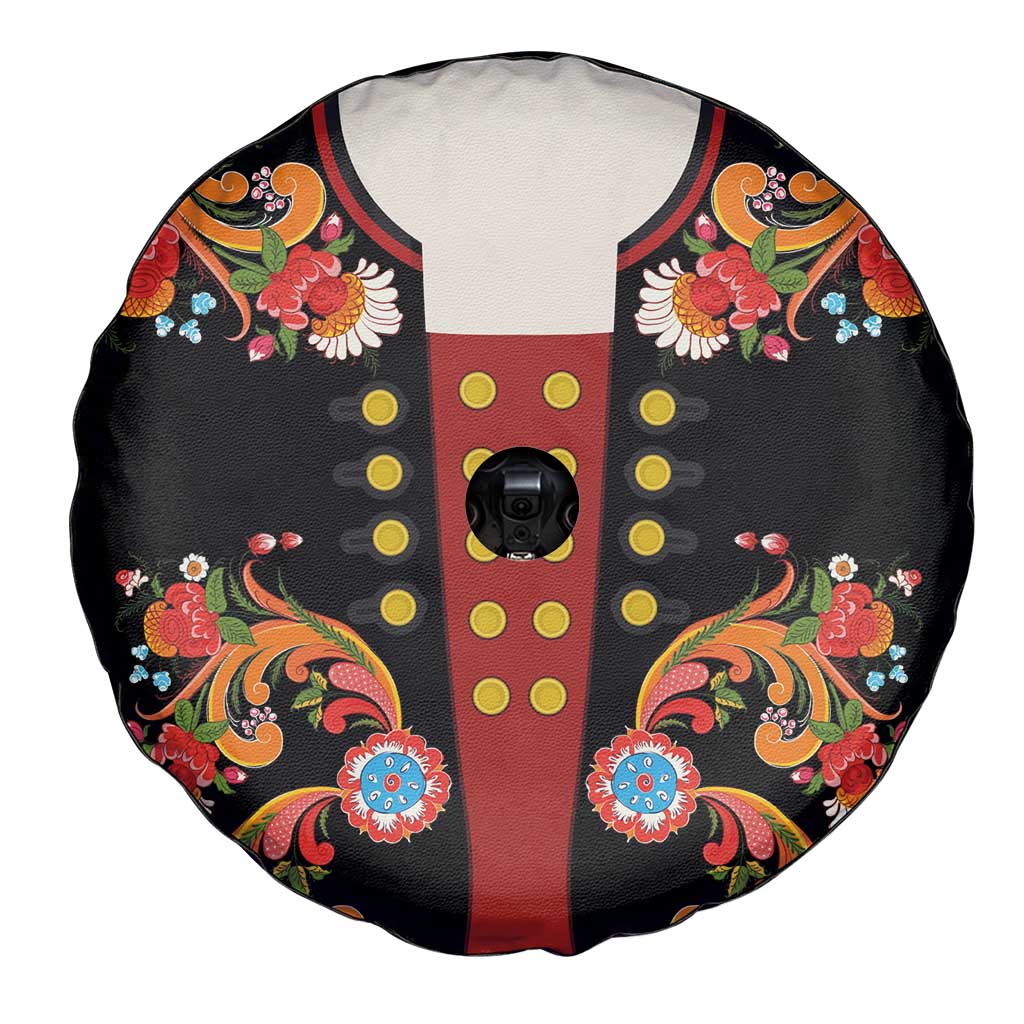 Norwegian Male Bunad Spare Tire Cover with Rosemaling Folk Art Black Color - Wonder Print Shop