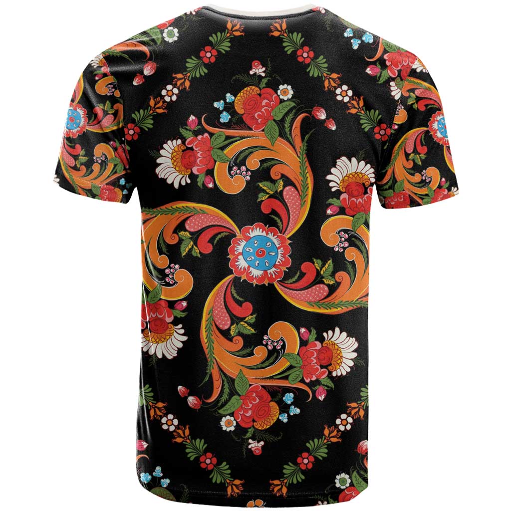 Norwegian Male Bunad T Shirt with Rosemaling Folk Art Black Color - Wonder Print Shop