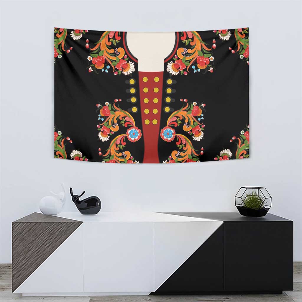 Norwegian Male Bunad Tapestry with Rosemaling Folk Art Black Color - Wonder Print Shop