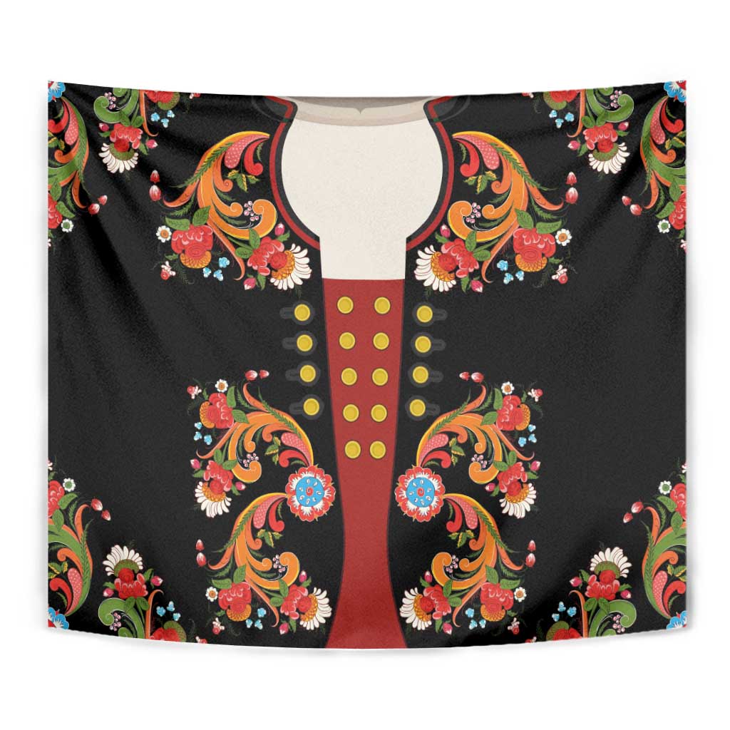 Norwegian Male Bunad Tapestry with Rosemaling Folk Art Black Color - Wonder Print Shop